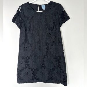 CeCe Black Lace Shift Dress 12 Short Sleeve Floral Classic LBD Romantic A173